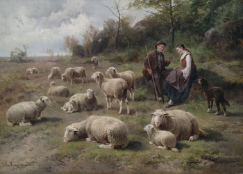 Couple de bergers avec troupeau dans un paysage de pâturage